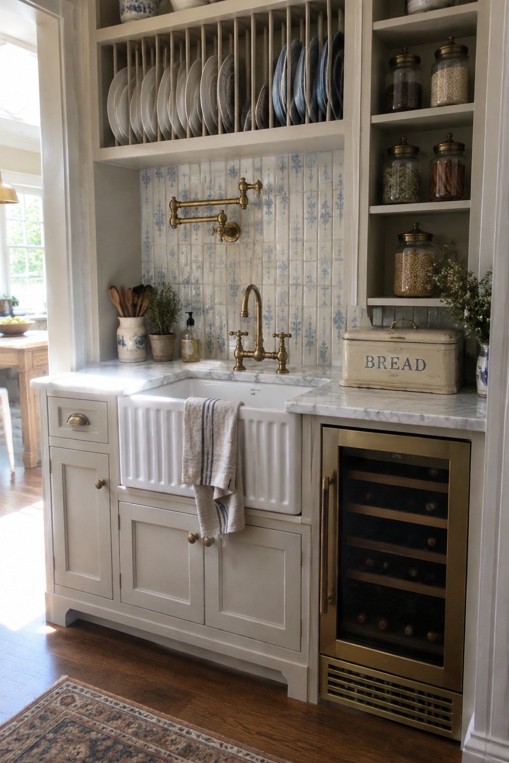 A kitchen corner with white painted cabinetry, a white farmhouse sink, marble countertops, brass faucet, open upper shelves holding stacks of plates and glass jars, and a brass wine refrigerator below the counter.