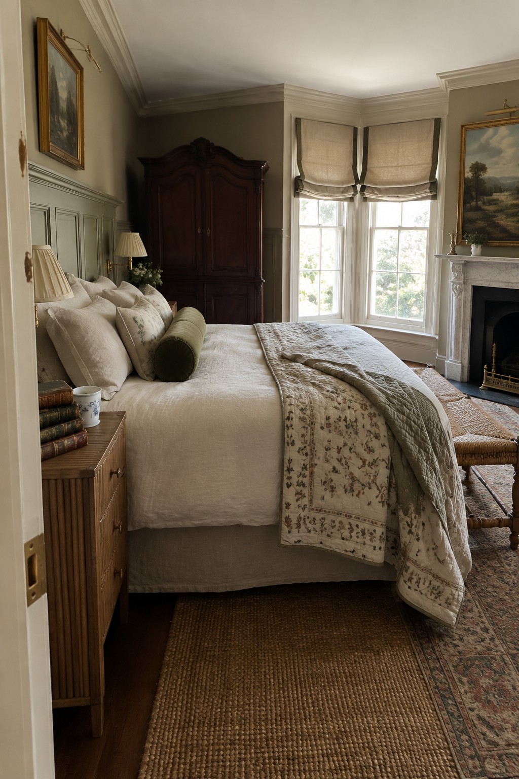 A bedroom with a large bed dressed in white linens and a floral quilt, a tall dark wood armoire, a marble fireplace, and sage green wall paneling beneath windows with fabric shades.