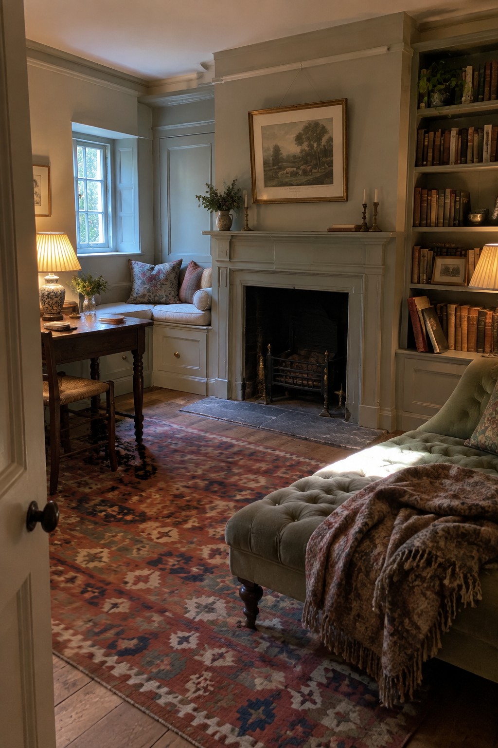 Cozy traditional room with fireplace, bookshelves, green chaise, desk and patterned rug.