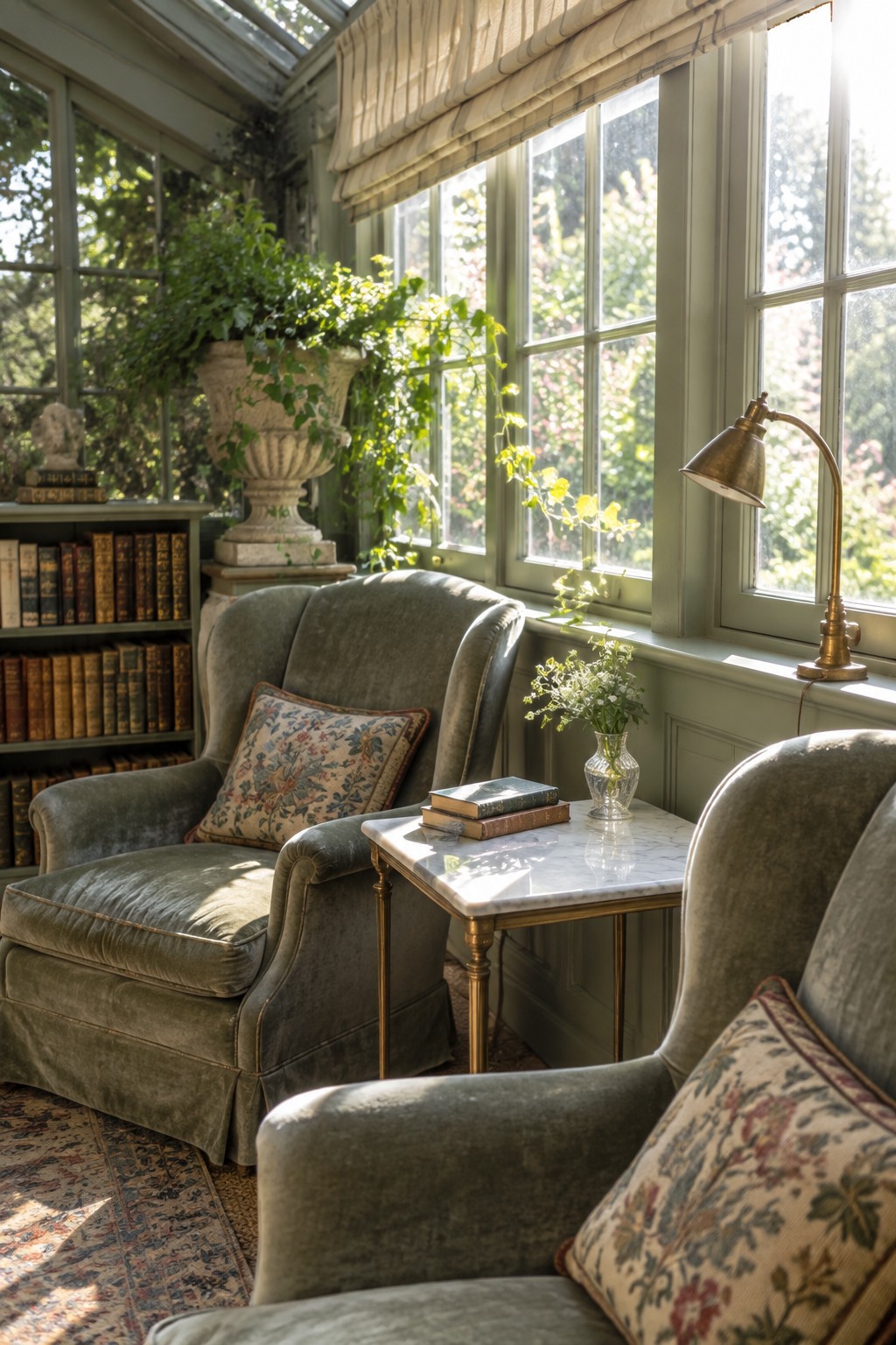 A sunlit interior with green painted millwork, two velvet armchairs with floral pillows, a marble side table with books and flowers, and large windows with outdoor views.