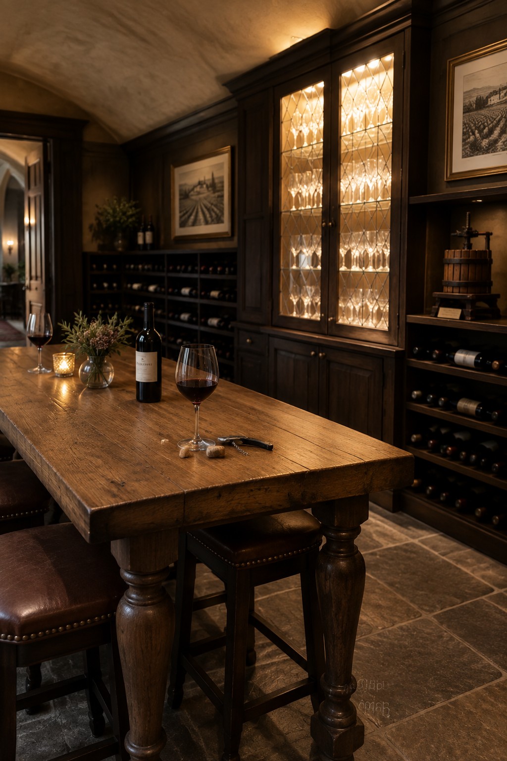 Rustic wooden table with red wine glass, bottle, and corks in dim cellar