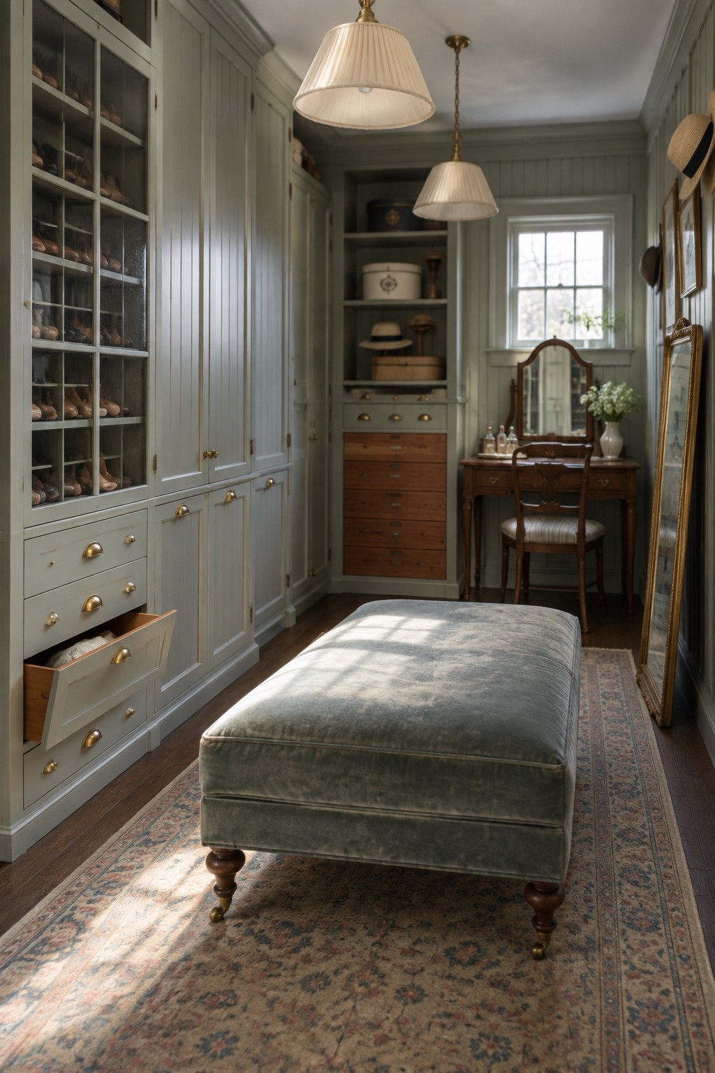 Classic green closet with glass shoe cabinet, velvet ottoman, wooden vanity, and patterned rug