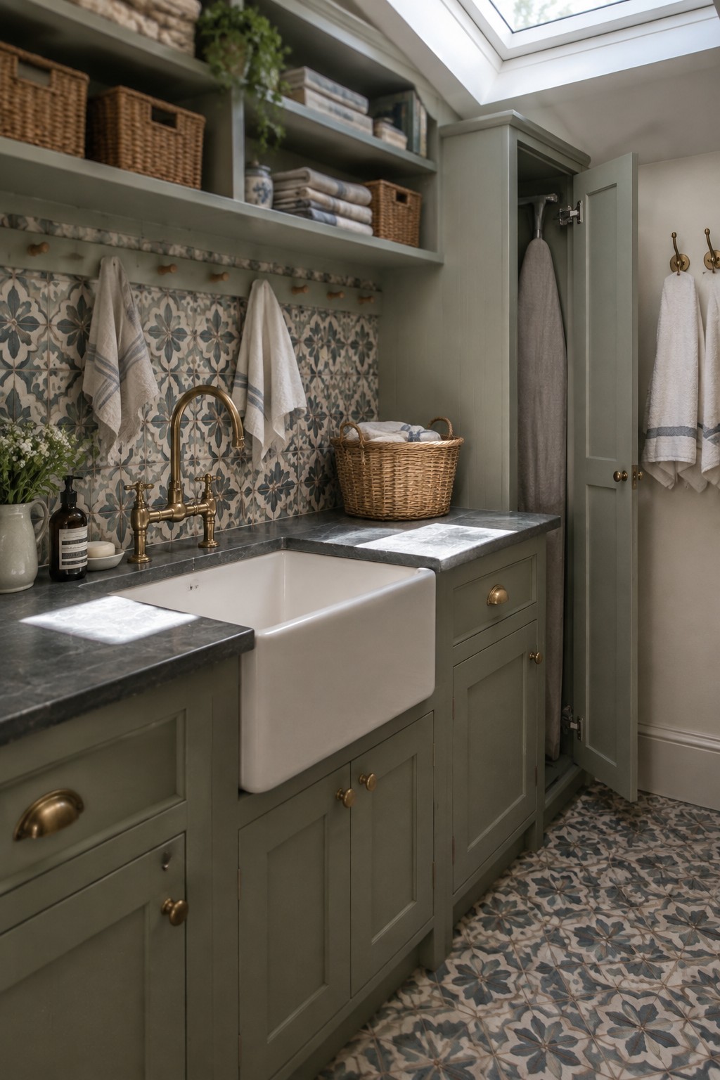 Sage green laundry room with white farmhouse sink, brass faucet, and patterned tiles