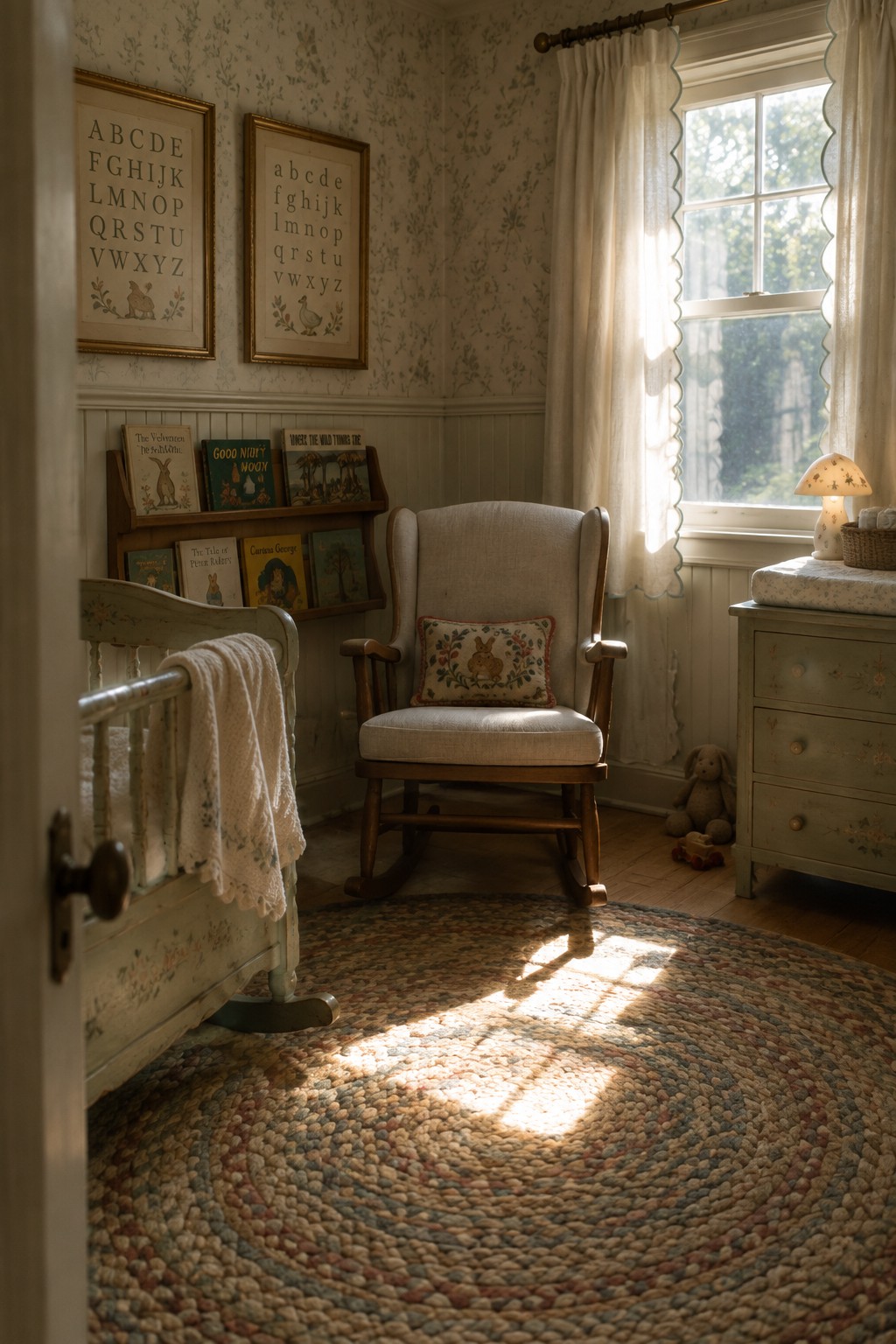 A child's nursery featuring white beadboard wainscoting, floral wallpaper above, a wooden rocking chair with a pillow, a white crib, alphabet prints, a braided rug, and a window with sheer curtains.