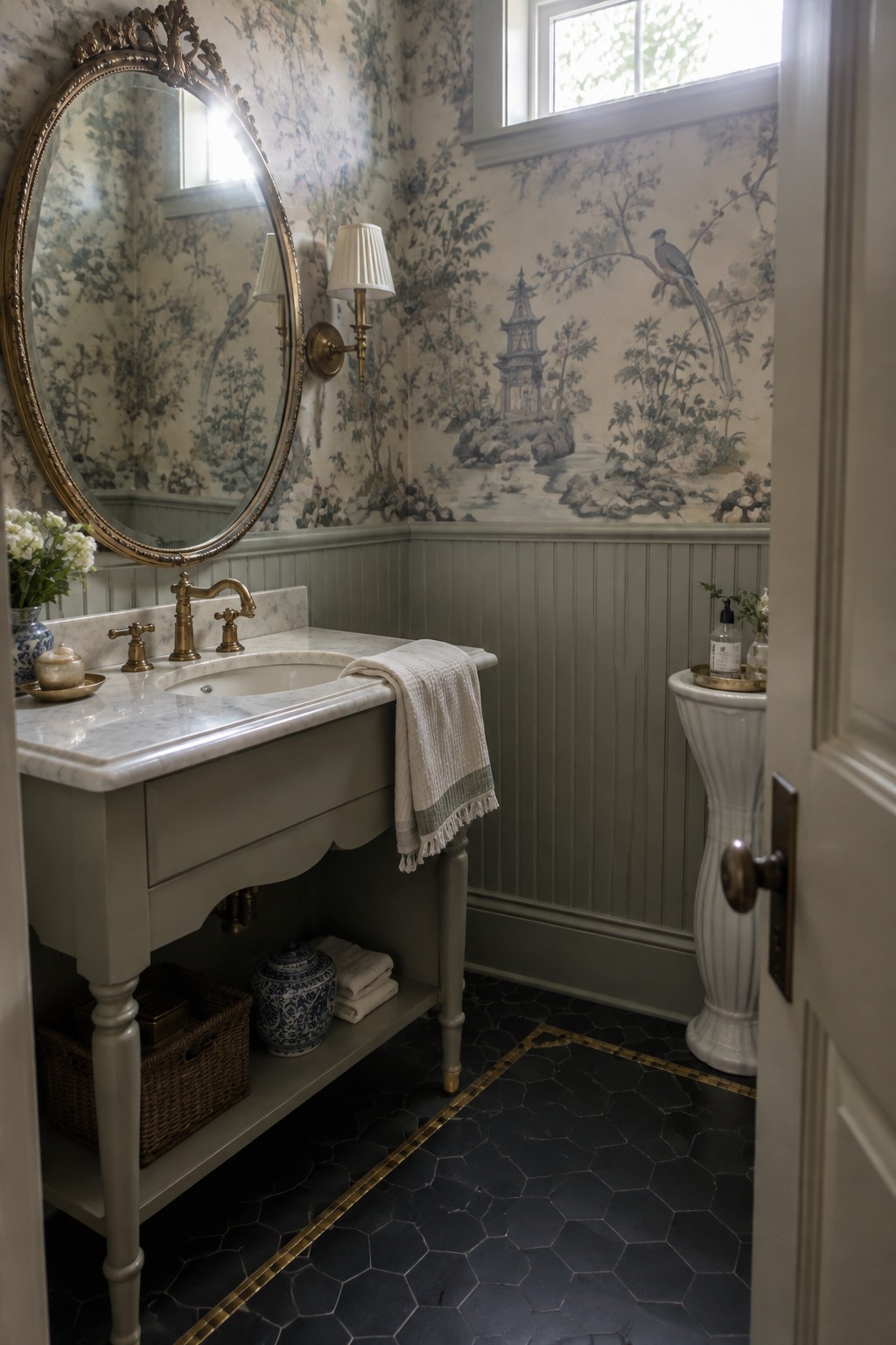 A bathroom interior showing a marble sink vanity with brass faucet, round ornate mirror, patterned wallpaper above green beadboard wainscoting, dark hexagonal floor tiles, and a white pedestal in the corner.